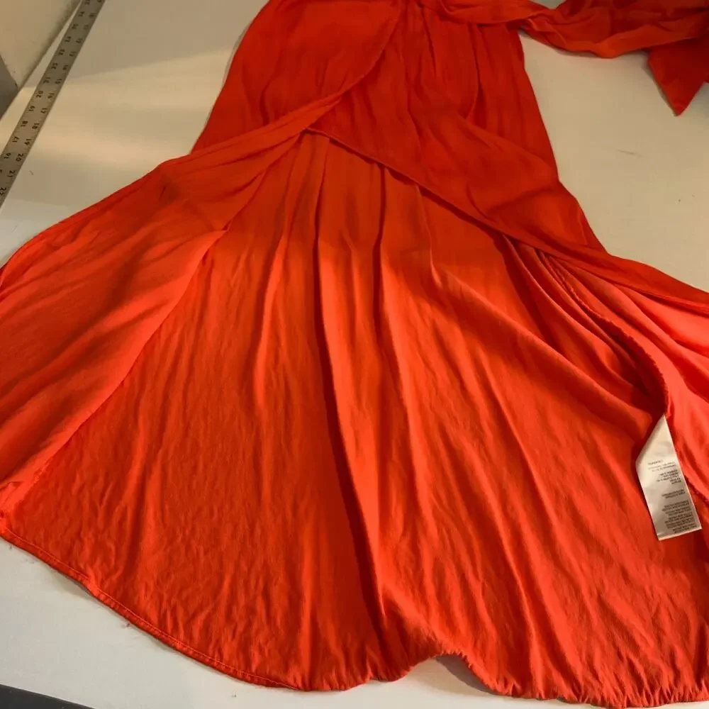 Maeve Dress Womens XS Extra Small Coral Open Back Satin Faux Wrap Tie Waist Midi
